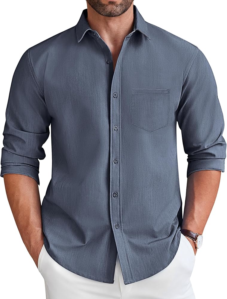 COOFANDY Men's Long Sleeve Button Down Shirt Wrinkle Free Untucked Dress Shirt Casual Denim Shirt