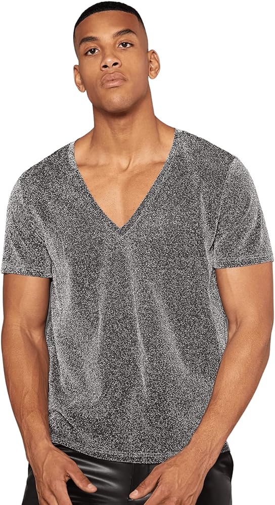 Verdusa Men's V Neck Short Sleeve Glitter Tee T Shirt Top