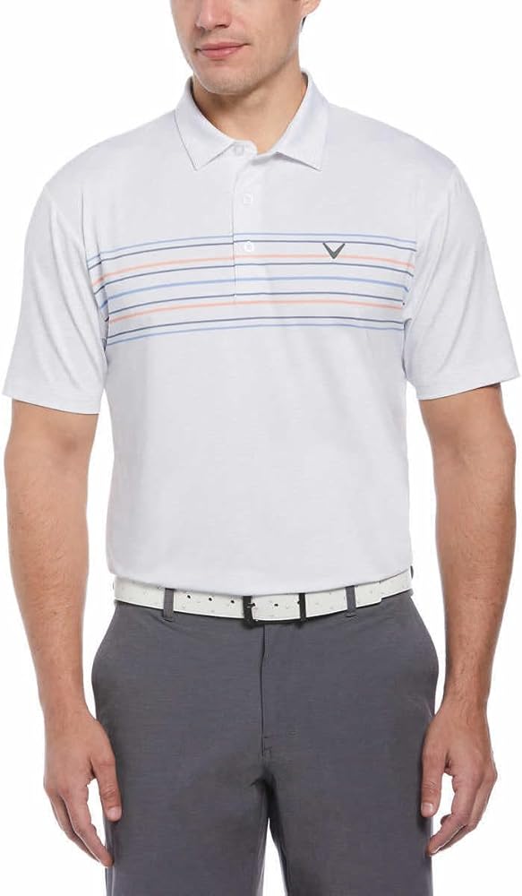 Callaway Mens Lightweight Performance Polo (US, Alpha, Medium, Regular, Regular, Blue/Gray/Coral Chest Stripe White)