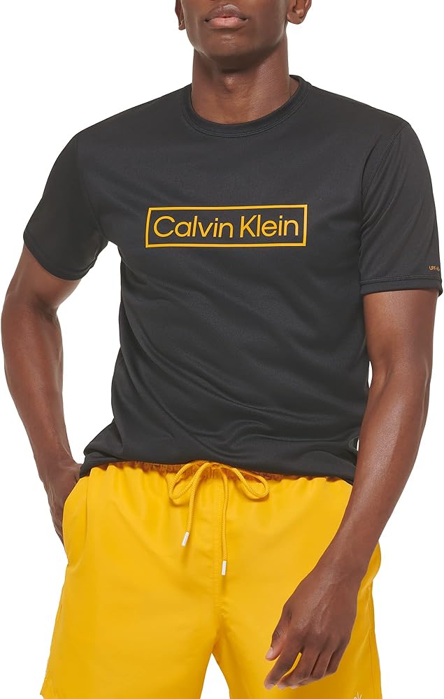 Calvin Klein Men's Standard UPF 40+ Short Sleeve Quick Dry Swim Shirt, Black Logo, Medium