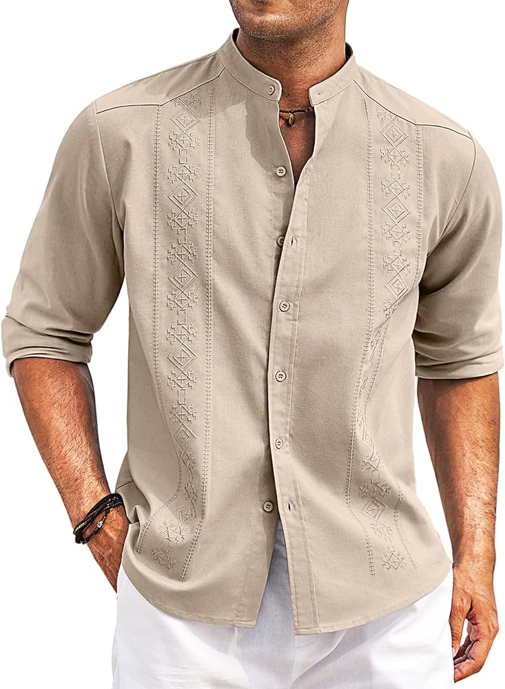 COOFANDY Men's Casual Linen Shirts Cuban Guayabera Long Sleeve Beach Shirt Collarless Button Down T Shirts