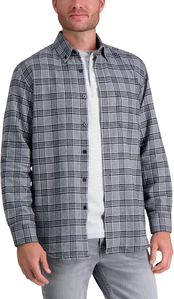 Haggar Men's Long Sleeve Brushed Cotton Plaid Flannel Button Down Shirt