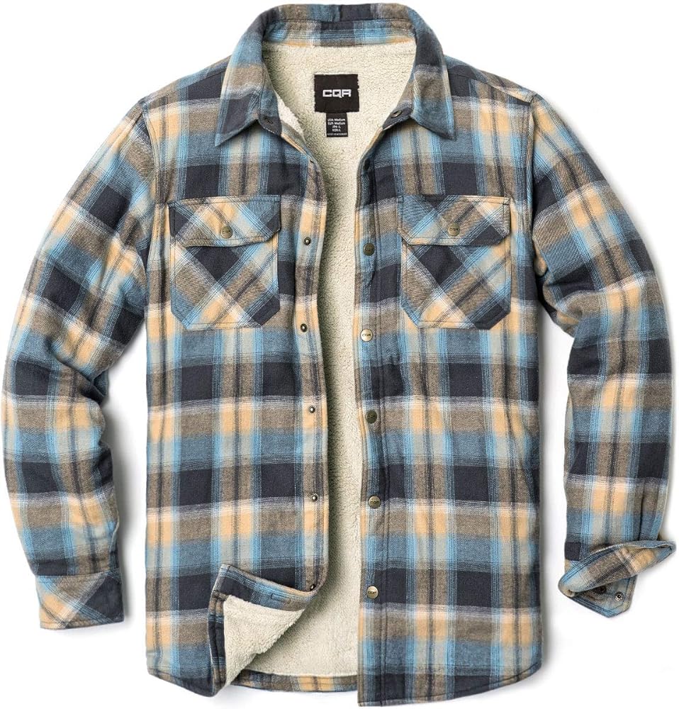 CQR Men's Plaid Flannel Shirt Jacket, Long Sleeve Soft Warm Sherpa/Quilted Lined Jacket, Outdoor Button Up/Zip-Front Jacket