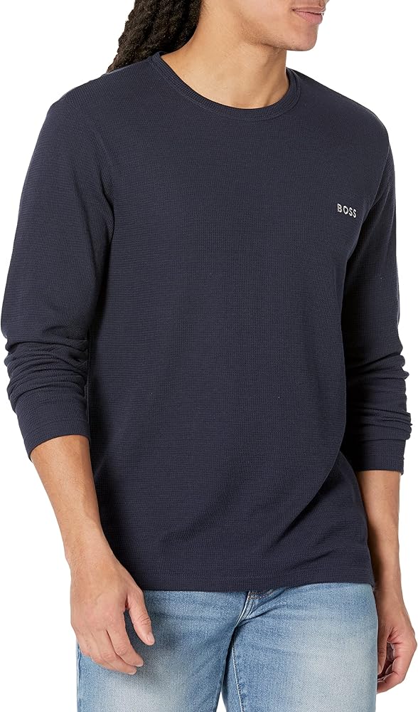 BOSS mens Waffle Long Sleeve Undershirt, Navy Blue, Medium US