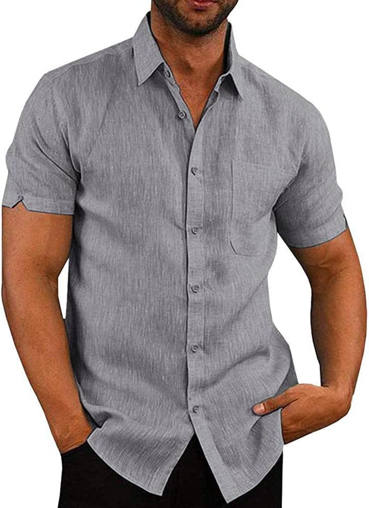 Button Down Short Sleeve Linen Shirts for Men Summer Casual Cotton Spread Collar Beach Shirts