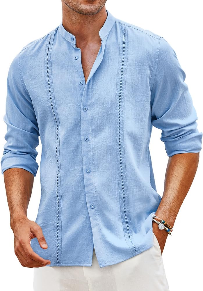 COOFANDY Men's Cuban Guayabera Shirts Casual Long Sleeve Button Down Shirts Band Collar Linen Summer Beach Shirts