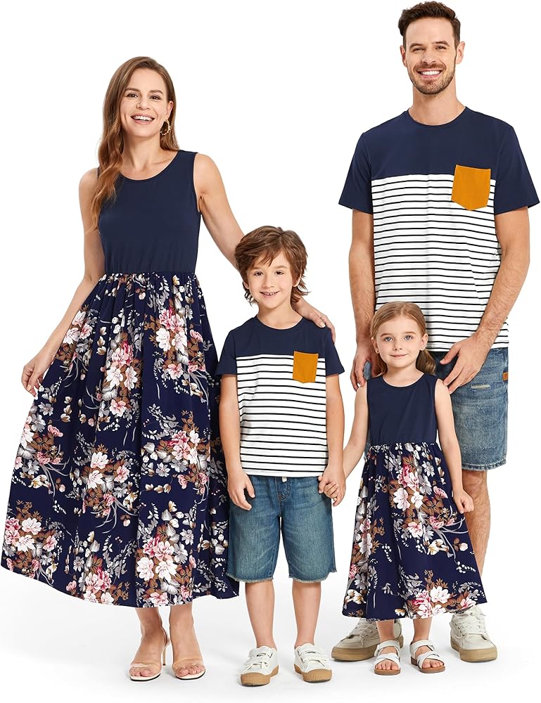 PATPAT Family Matching Outfits Mommy and Me Dresses Tropical Print Hawaiian Tank Maxi Dresses and Shirts Matching Sets