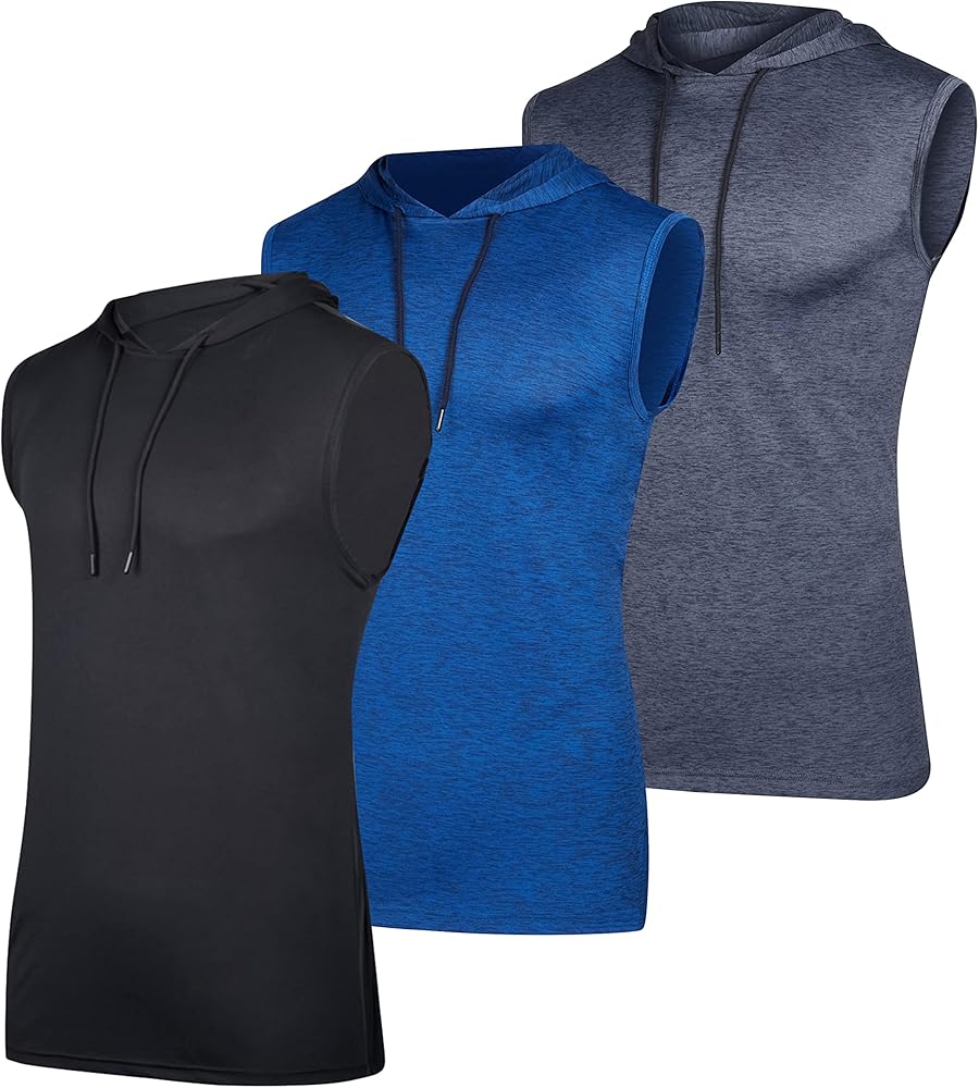 Real Essentials 3 Pack: Mens Dry-Fit Active Hooded Tank Top - Workout Sleeveless Hoodie Drawstring (Available in Big & Tall)