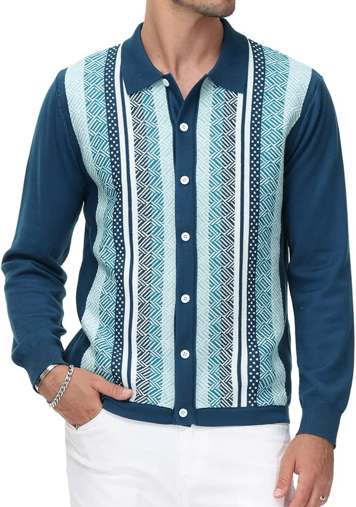 PJ PAUL JONES Men's Vintage Stripe Polo Shirt Casual Long Sleeve Button Knit Shirt