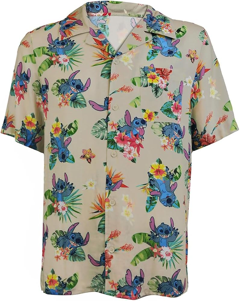 Disney Lilo and Stitch Men's Silly Tropical All Over Stitch Print Hawaiian Button Up Shirt, Cream Tropical Stitch, XX-Large