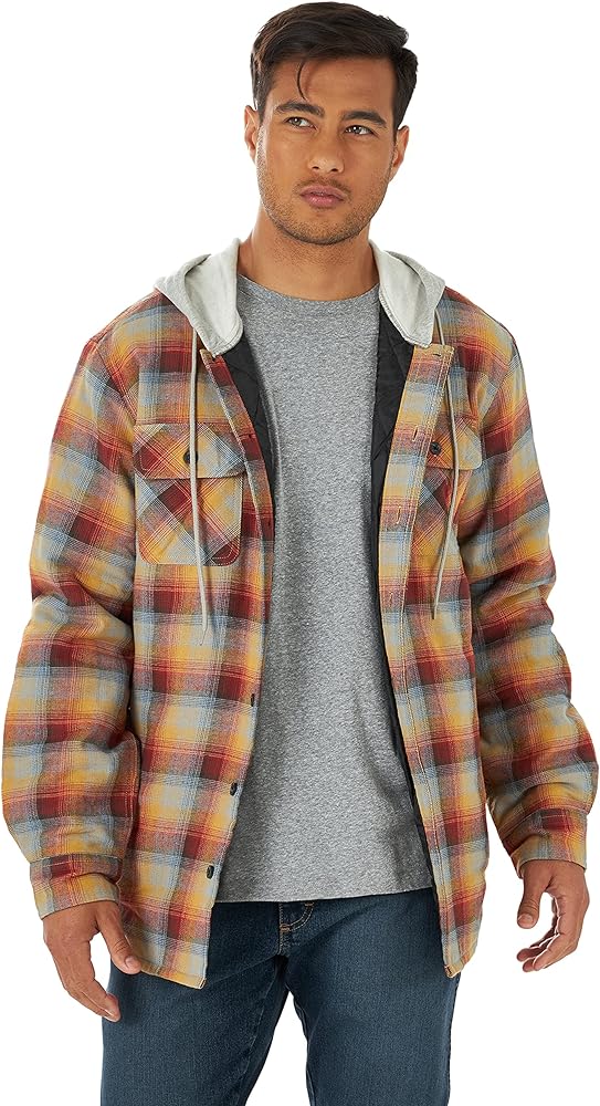 Wrangler Authentics Men's Long Sleeve Quilted Lined Flannel Shirt Jacket with Hood