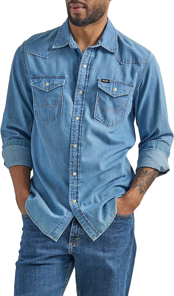 Wrangler Men's Iconic Denim Regular Fit Snap Shirt