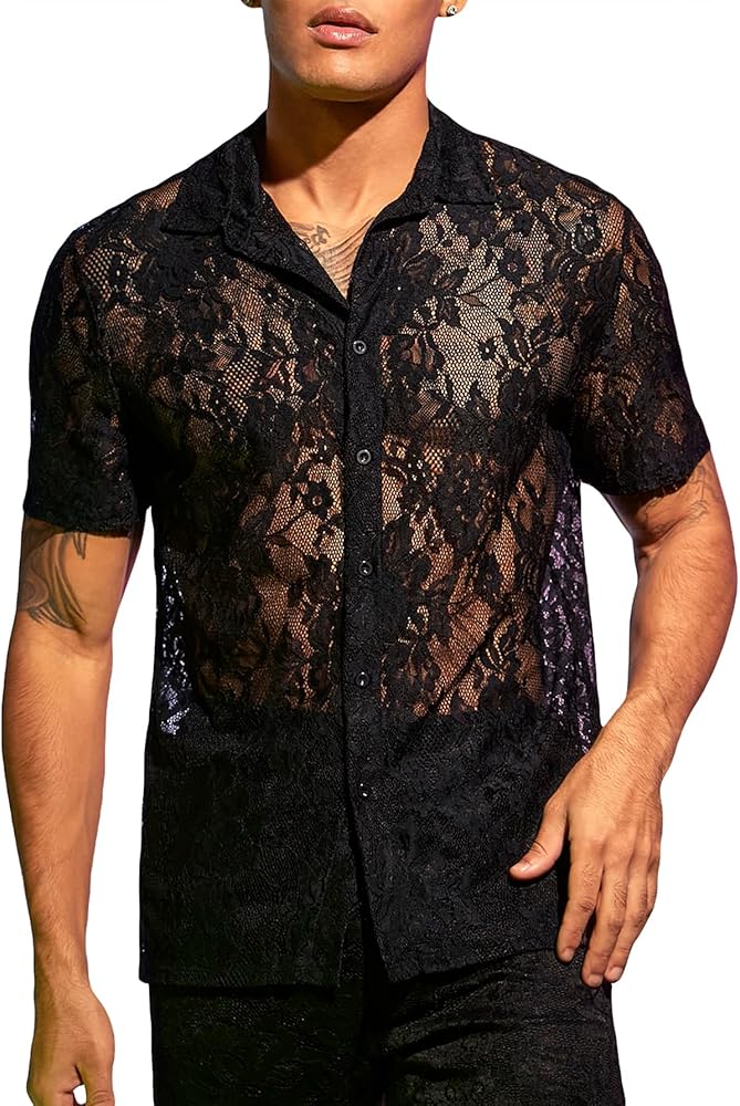 WDIRARA Men's Floral Mesh Tee Top Sheer Round Neck Short Sleeve T Shirts