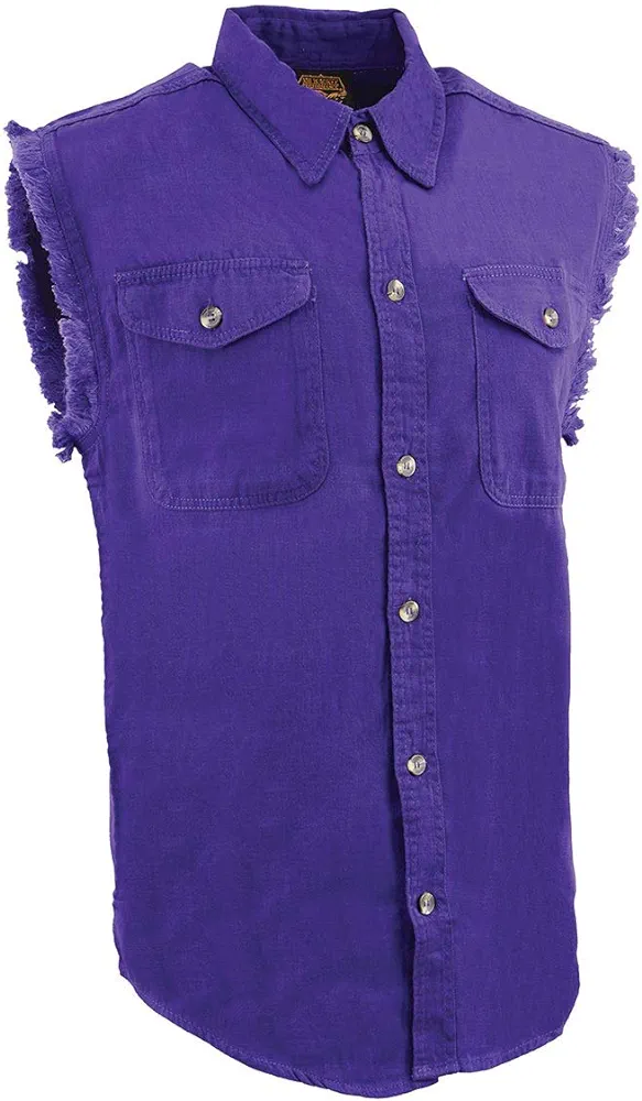 Milwaukee Leather DM1006 Men's Purple Lightweight Denim Shirt with with Frayed Cut Off Sleeveless Look - X-Large