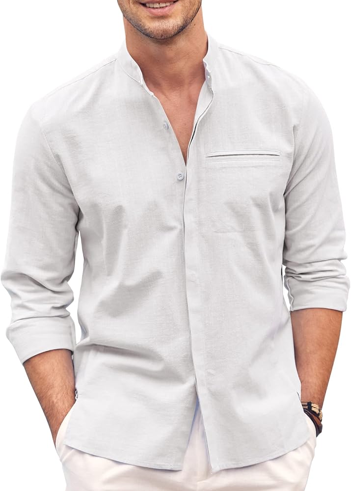 COOFANDY Men's Cotton Linen Shirt Long Sleeve Button Down Shirts Band Collar Beach Yoga Shirts