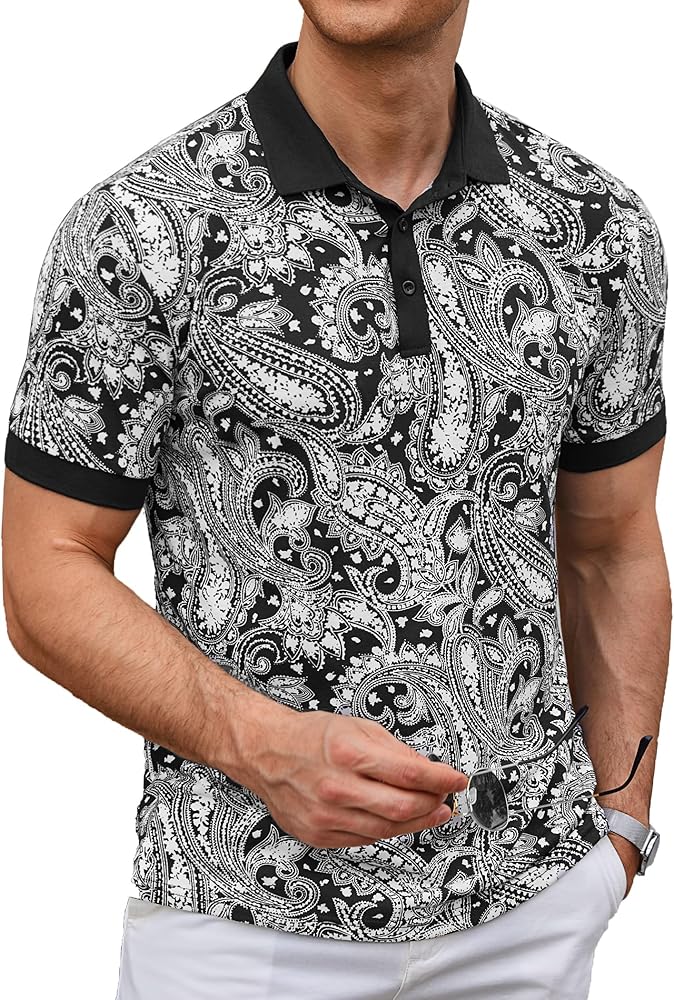 COOFANDY Mens Casual Short Sleeve Polo Shirts Slim Fit Paisley Polo T Shirts Floral Print Shirt