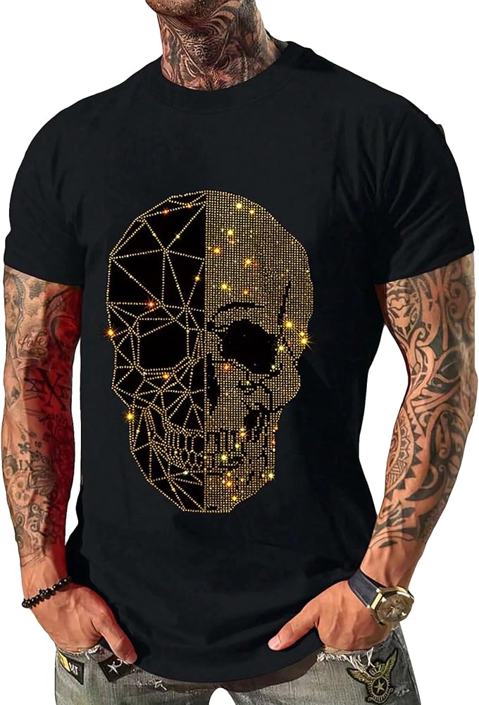 WDIRARA Men's Rhinestone Glitter Skeleton Skull Print Tee Short Sleeve Casual T Shirt Tops