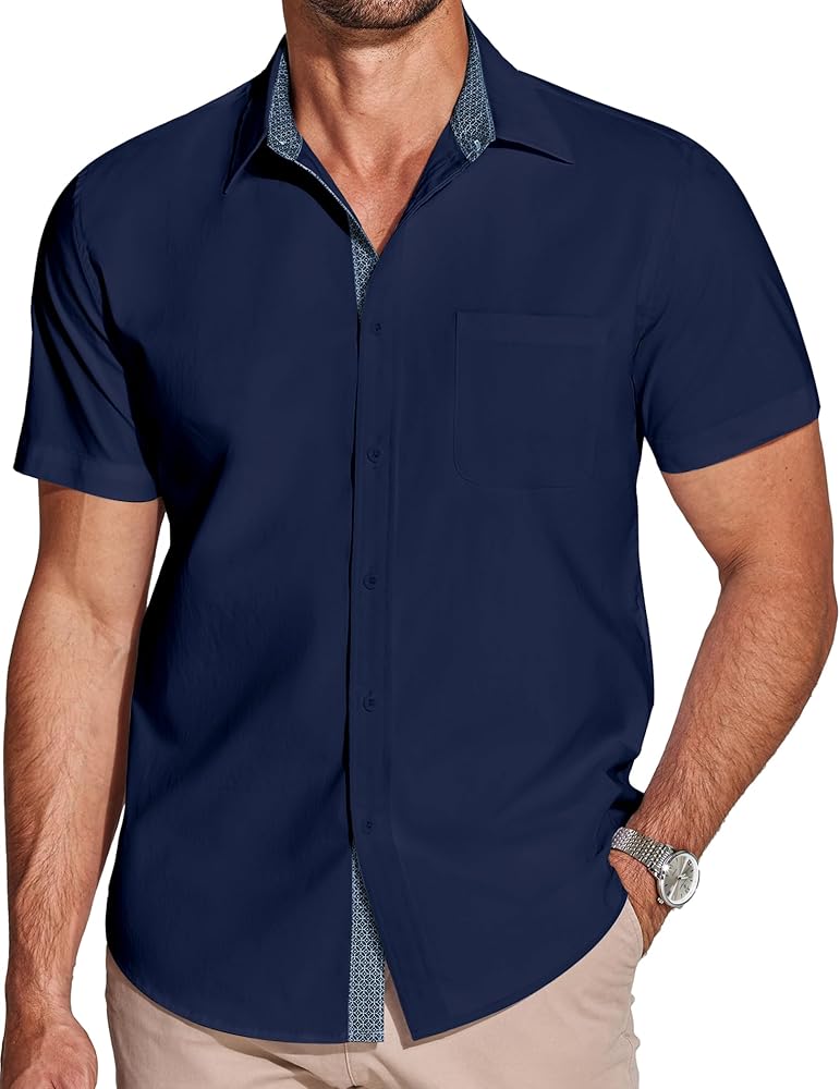 COOFANDY Men's Short Sleeve Button Down Dress Shirts Wrinkle Free Muscle Fit Stretch Shirt Summer Business Casual Tops