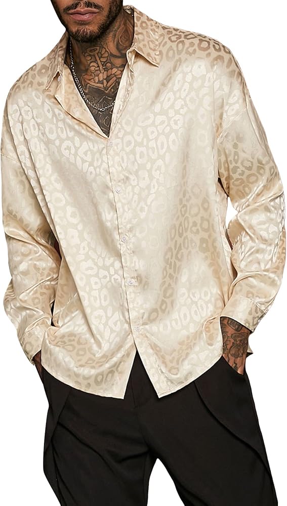 OYOANGLE Men's Satin Leopard Jacquard Print Long Sleeve Button Down Shirt Casual Top