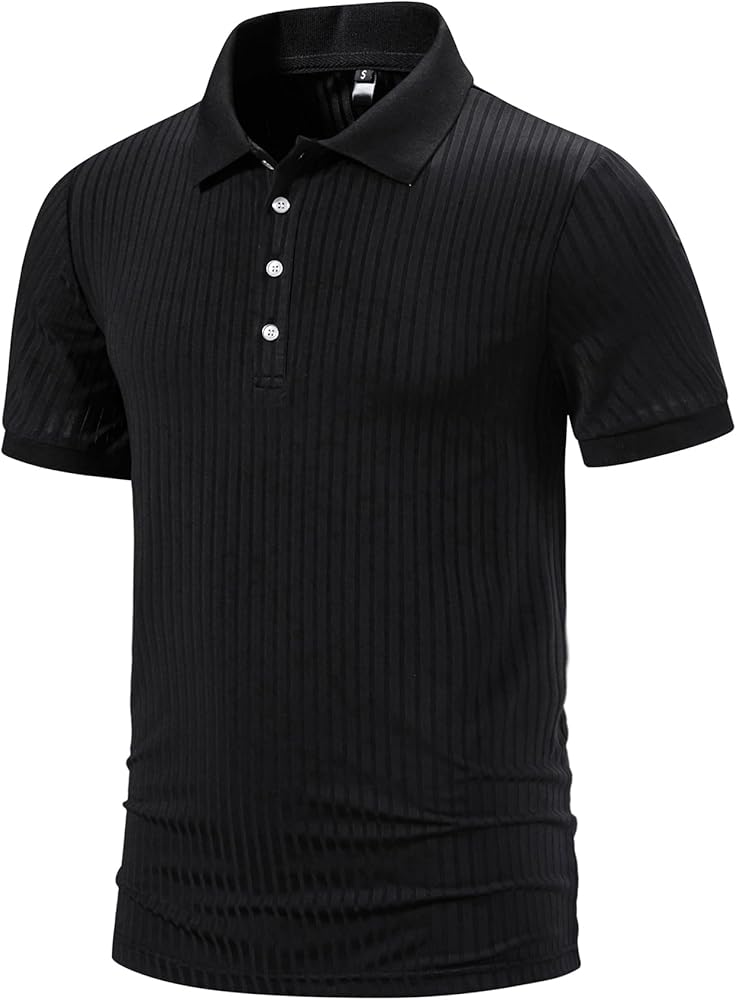 Men's Stretch Breathable Ribbed Knit Soft Short Sleeve Slim Fit Polo Shirt