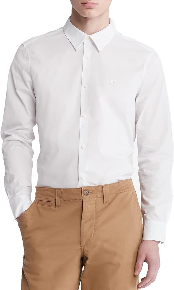 Calvin Klein Men's Stretch Cotton Monogram Logo Button Down Shirt