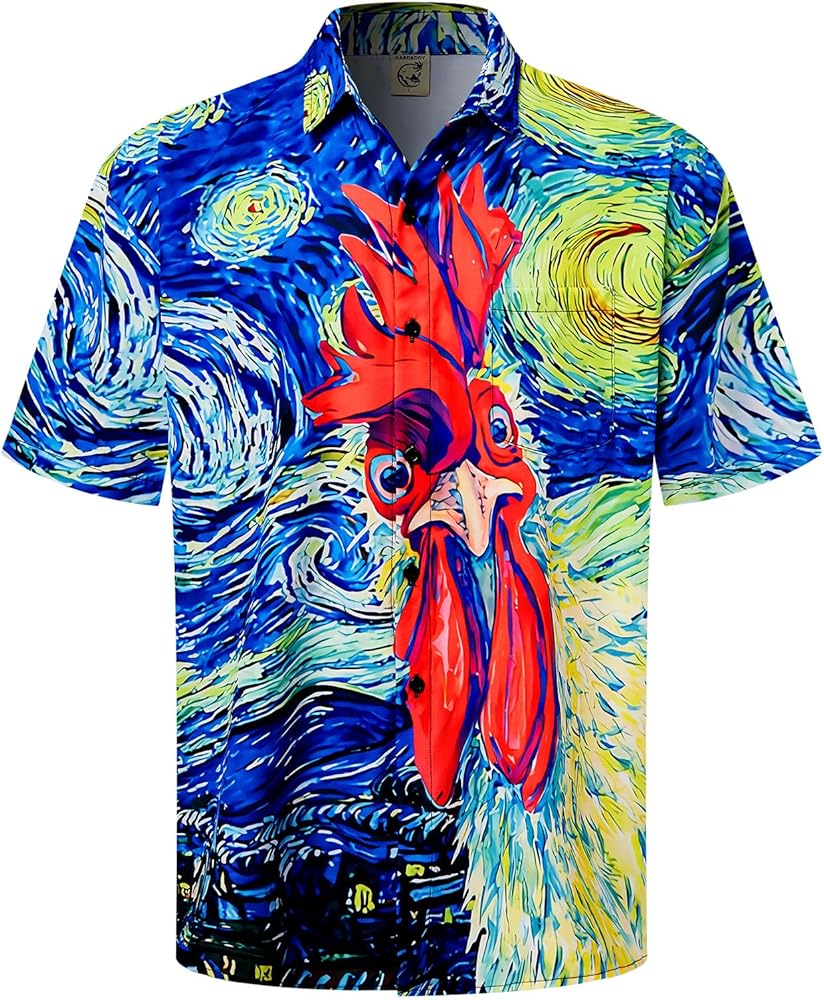 Hardaddy Men's Gongfu Rooster Chest Pocket Printed Short Sleeve Button Down Summer Casual Shirt