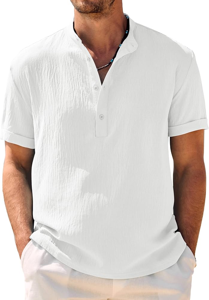 COOFANDY Men's Casual Henley Shirt Band Collar Short Sleeve Shirt Summer Beach Hippie T-Shirt