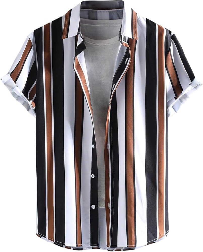 OYOANGLE Men's Color Block Striped Print Short Sleeve Button Up Casual Shirt