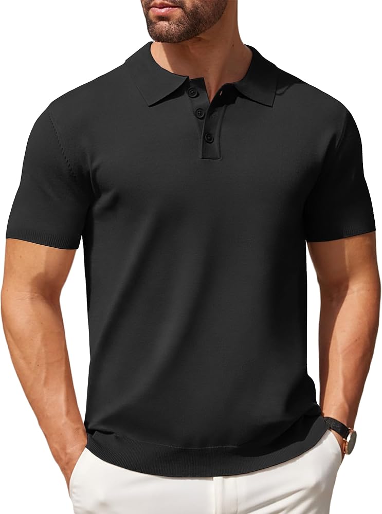 COOFANDY Mens Knit Polo Shirts Casual Short Sleeve Button Down Polo Shirt Classic Golf Shirts