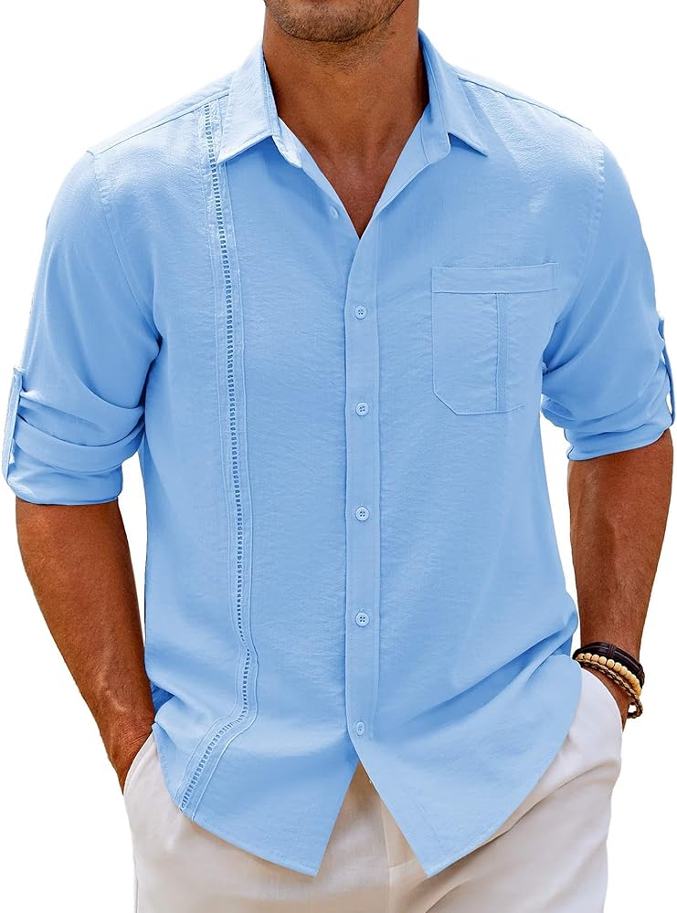 COOFANDY Mens Cuban Guayabera Shirts Linen Long Sleeve Casual Button Down Shirts for Men Beach Shirts