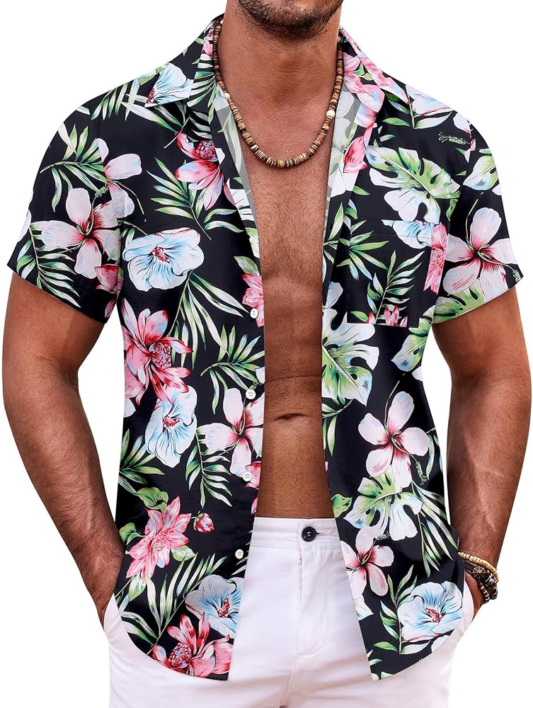 COOFANDY Mens Hawaiian Shirt Short Sleeve Button Down Shirts Tropical Summer Beach Shirts Casual Floral Aloha Shirts