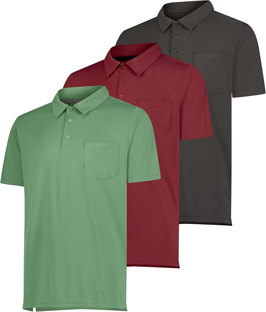 Real Essentials 3 Pack: Men's Short Sleeve Pocket Polo Shirt Dry-Fit Performance Tactical Golf (Available in Big & Tall)