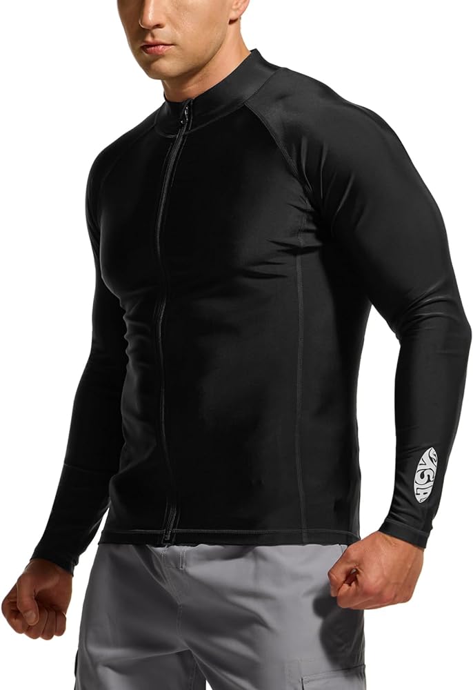 TSLA Men's Long Sleeve Zip Rash Guard, UPF50+ UV/Sun Protection Quick Dry Swim Shirts