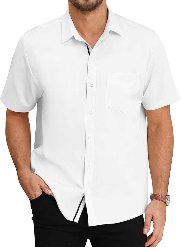 Mens Casual Button Down Shirt Short Sleeve Stretch Soft Dress Shirts Lined with Spliced Webbing