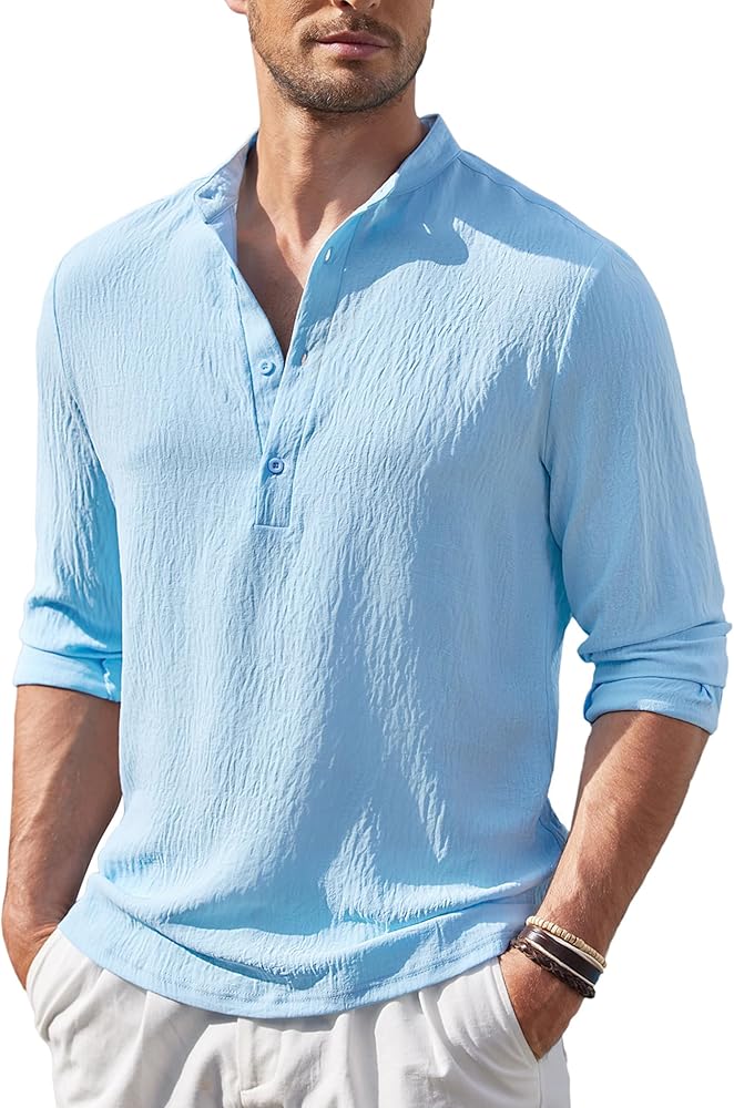 COOFANDY Men's Casual Henley Shirt Band Collar Long Sleeve Shirt Beach Hippie Summer T-Shirt