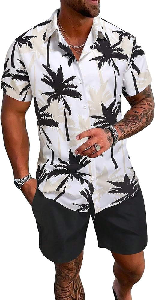 SOLY HUX Men's 2 Piece Outfits Tropical Print Short Sleeve Button Down Hawaiian Shirt and Shorts Set