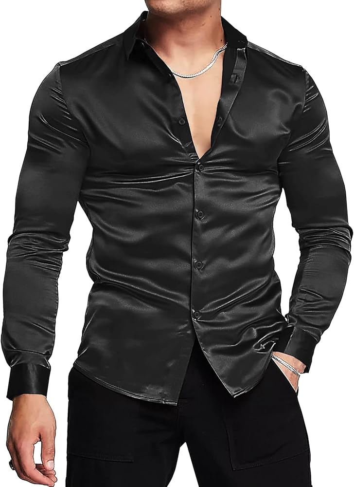 URRU Men's Luxury Shiny Silk Like Satin Dress Shirt Long Sleeve Casual Slim Fit Muscle Button Up Shirts