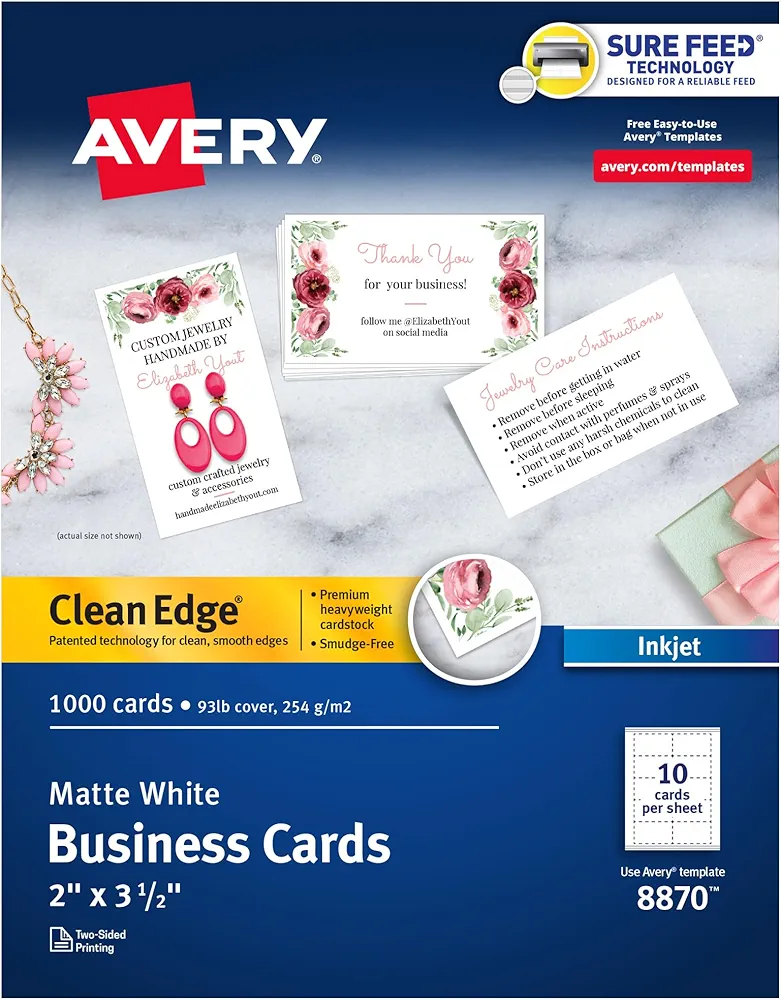 Avery Clean Edge Printable Business Cards with Sure Feed Technology, 2" x 3.5", White, 1,000 Blank Cards for Inkjet Printers (08870)