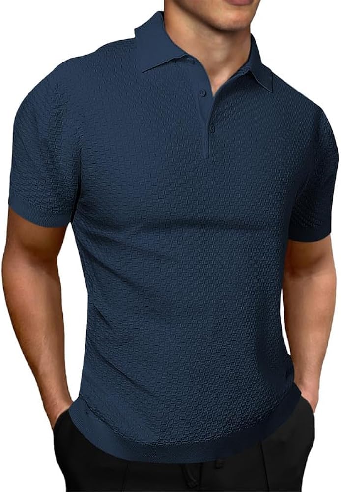 JMIERR Mens Knit Polo Shirts Button Up Textured T Shirts Casual Solid Color Slim Fit Short Sleeve Summer Golf Tee Shirt