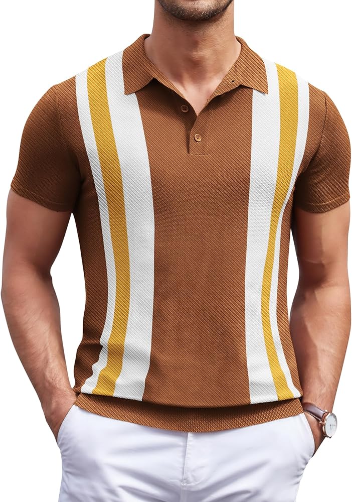 COOFANDY Men's Knit Polo Shirt Short Sleeve Vintage Striped Golf Shirt