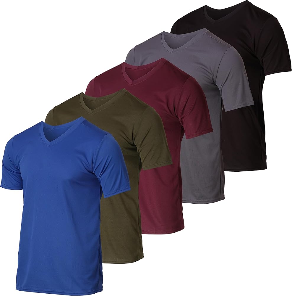 Real Essentials 5 Pack: Men's Mesh Quick Dry Short Sleeve V-Neck T-Shirt - Athletic Performance (Available in Big & Tall)