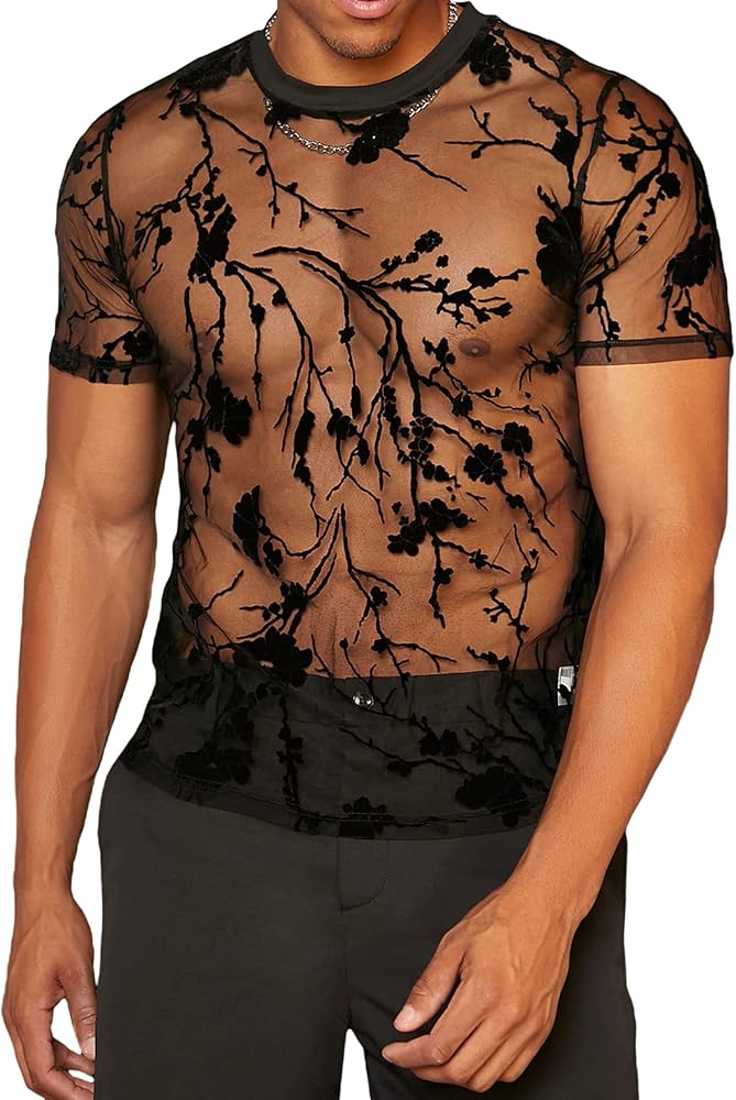 WDIRARA Men's Floral Print See Through Round Neck Short Sleeve Mesh Tshirt Party Top