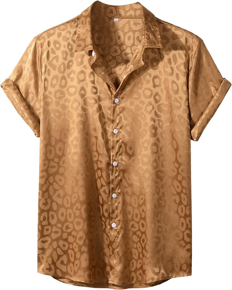 Verdusa Men's Satin Button Down Lapel Collar Leopard Print Short Sleeve Shirt