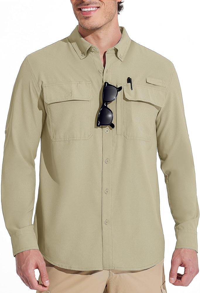 MAGCOMSEN Men's Fishing Shirts Long Sleeve Sun Protection UPF 50+ Water Resistant Breathable Button Down Shirt Hiking Safari