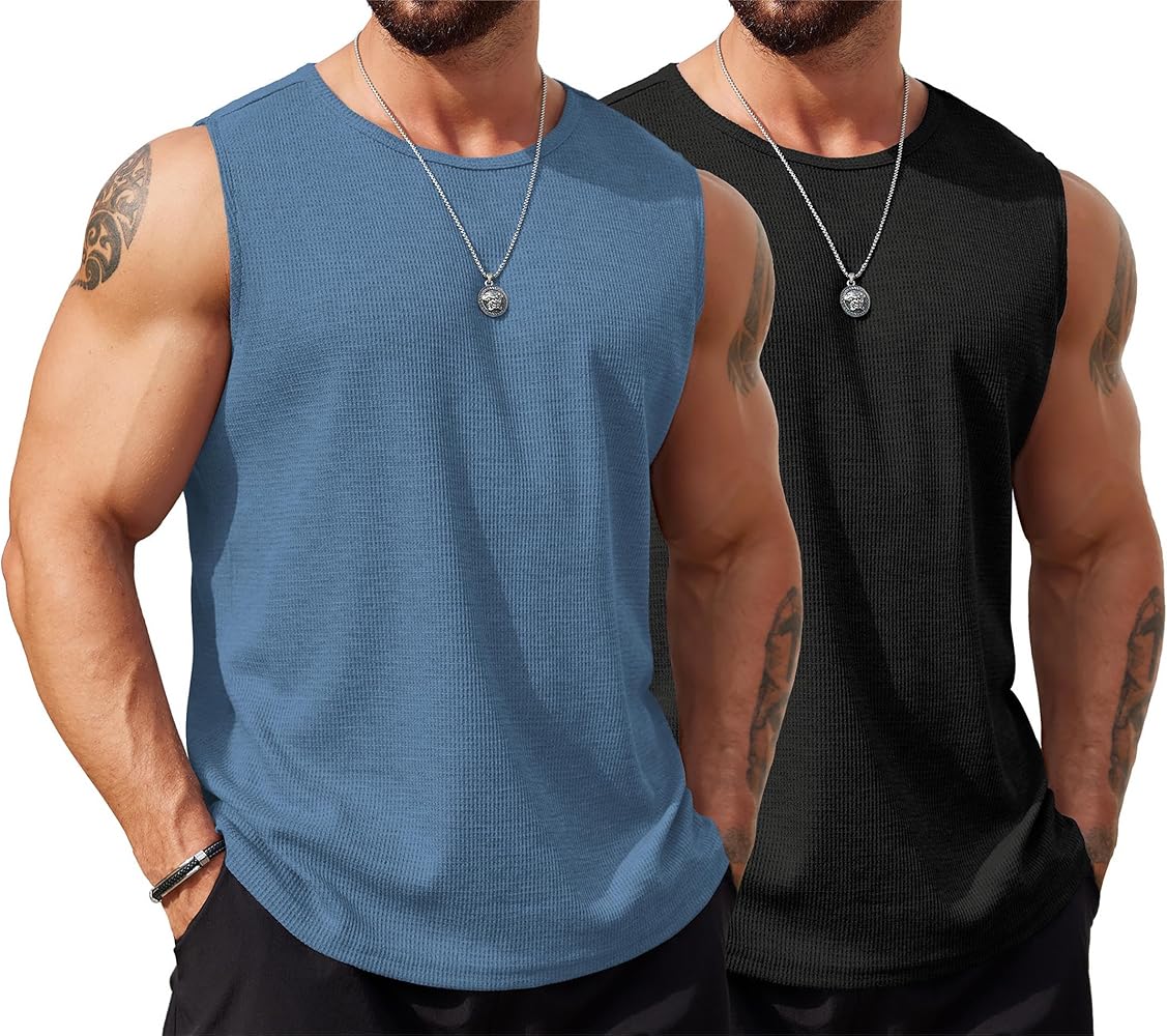 COOFANDY Men's Knitted Tank Tops 2 Pack Sleeveless Casual T Shirts Summer Beach Tank Shirts Waffle Tee