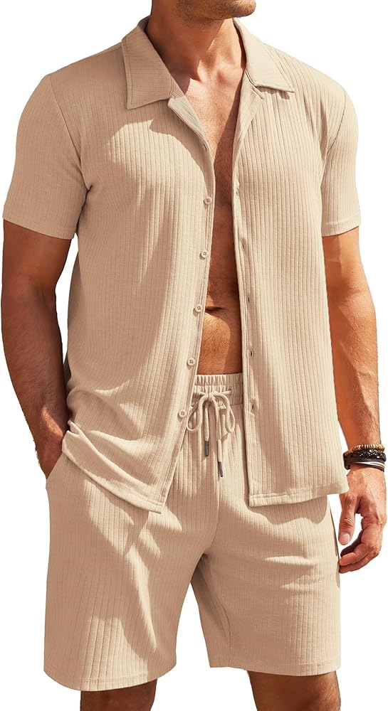 COOFANDY Men's 2 Pieces Short Sets Short Sleeve Casual Button Down Shirt Sets Summer Beach Outfits