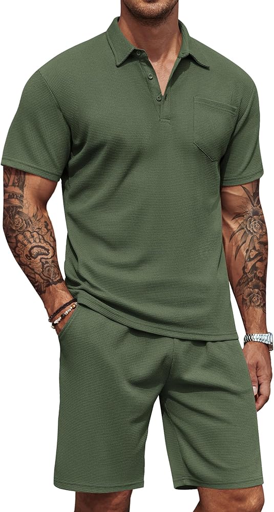 COOFANDY Men's Waffle Knit Polo Shirt and Shorts Set 2 Pieces Outfits Summer Suit Casual Tracksuit with Pockets