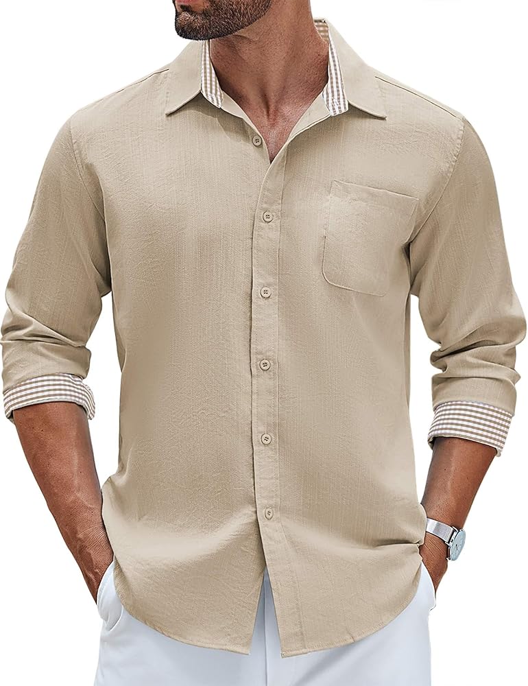 COOFANDY Men's Linen Button Down Shirt Long Sleeve Casual Beach Shirts with Pocket