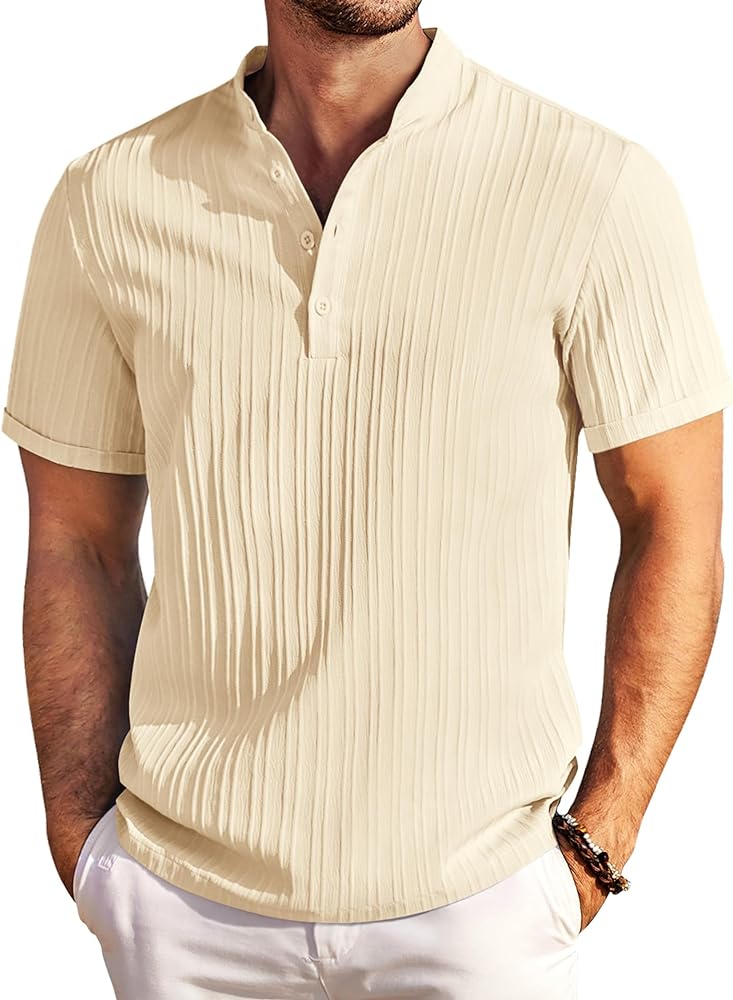 COOFANDY Men Casual Henley Tee Shirt Short Sleeve Band Collar Summer Beach Textured T-Shirt