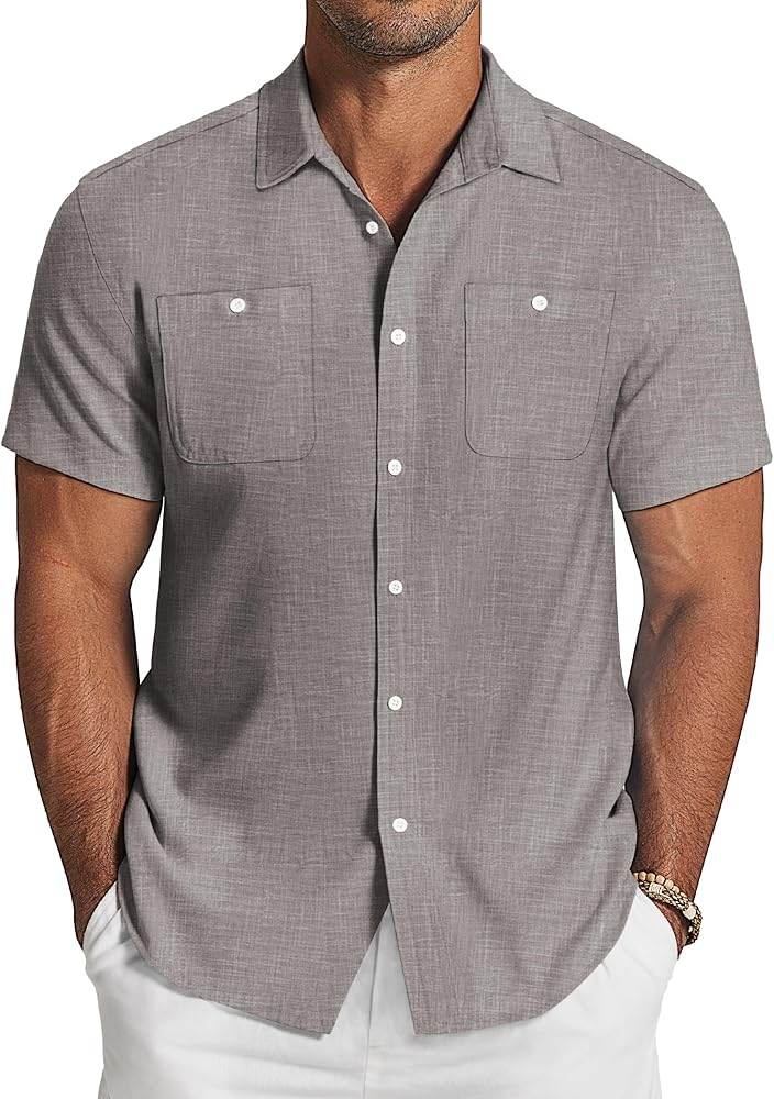 COOFANDY Men's Linen Shirt Beach Summer Short Sleeve Button Down Casual Shirts